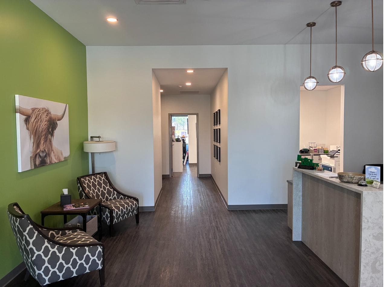 Reception lobby with green accent wall